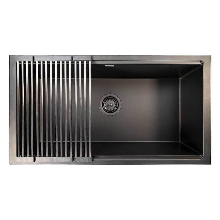 Nantucket 34" Large Single Bowl Prep Station Undermount Granite Composite Nano - PR3419-NBL-UM top view with cutting board.