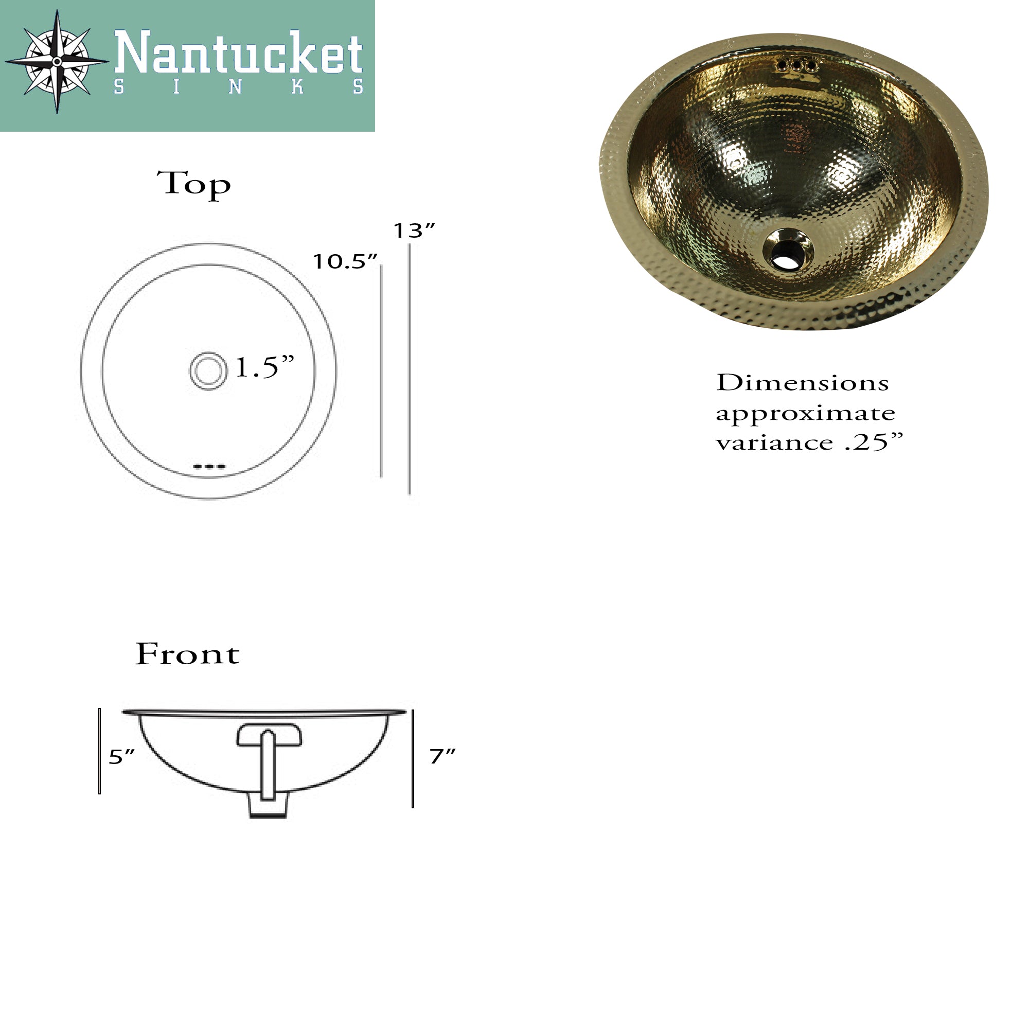 Nantucket 13-inch Hand Hammered Brass Round Undermount Bathroom Sink with Overflow ROB-OF, view 8