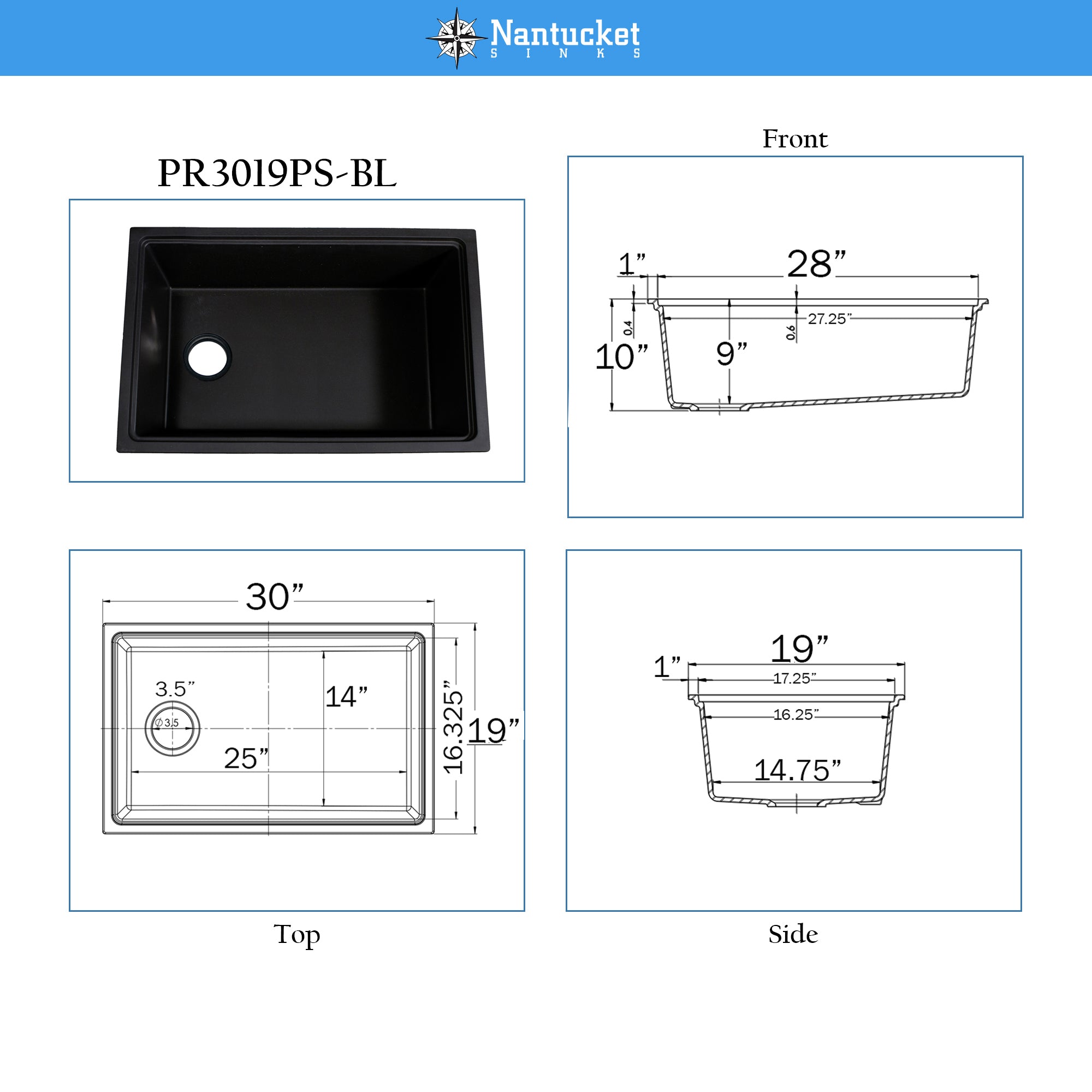 Nantucket PR3019PS-BL black granite workstation sink, view 13