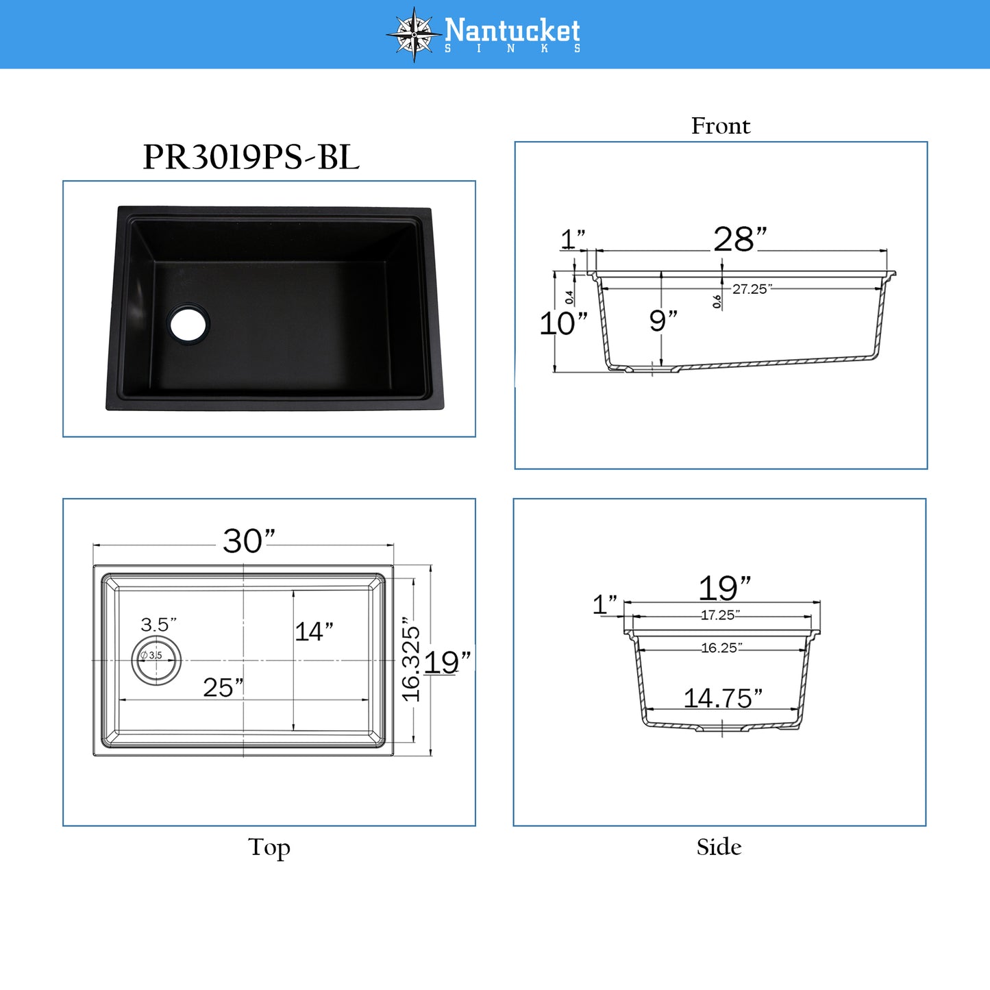 Nantucket PR3019PS-BL black granite workstation sink, view 13