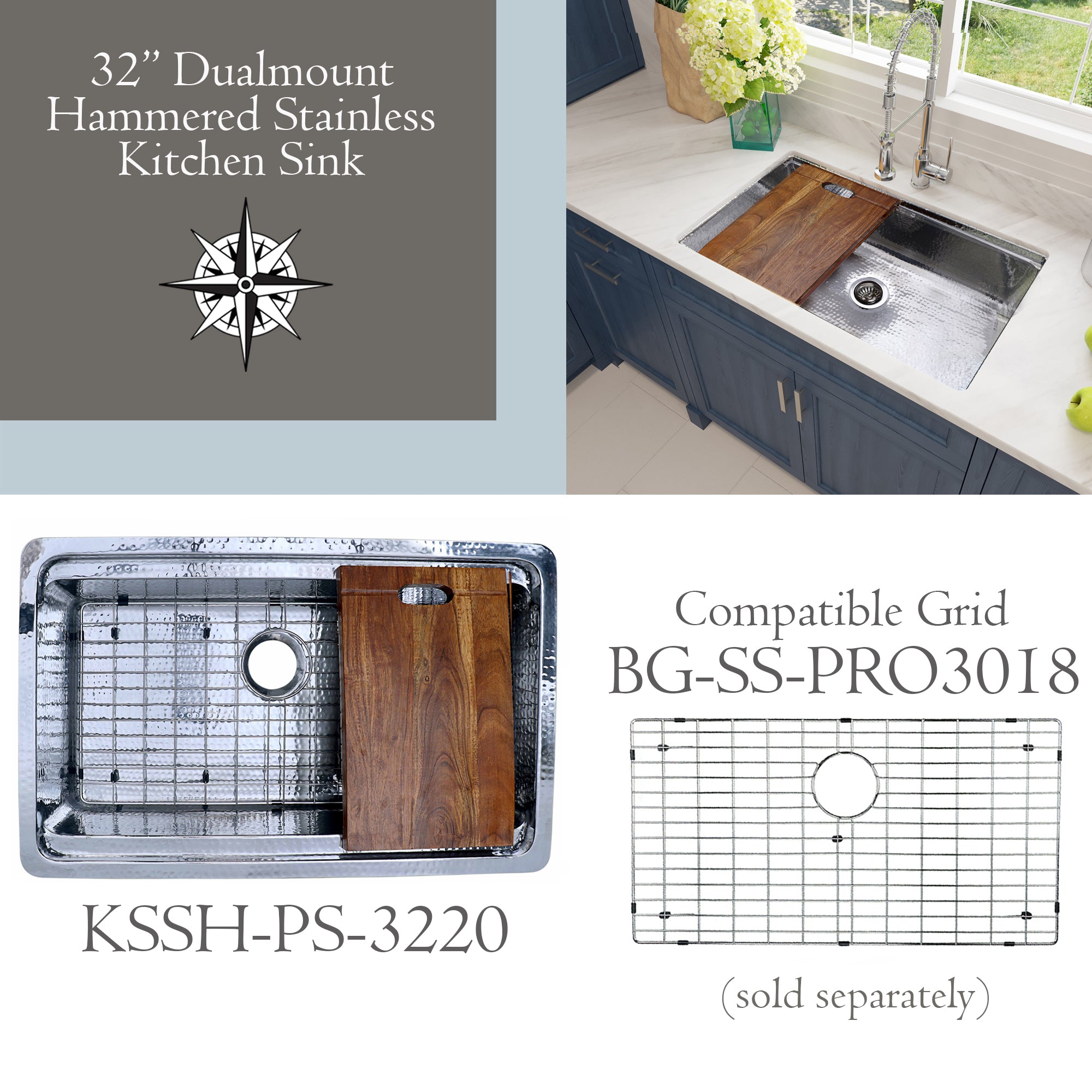 Nantucket KSSH-PS-3220 hammered stainless sink, view 8