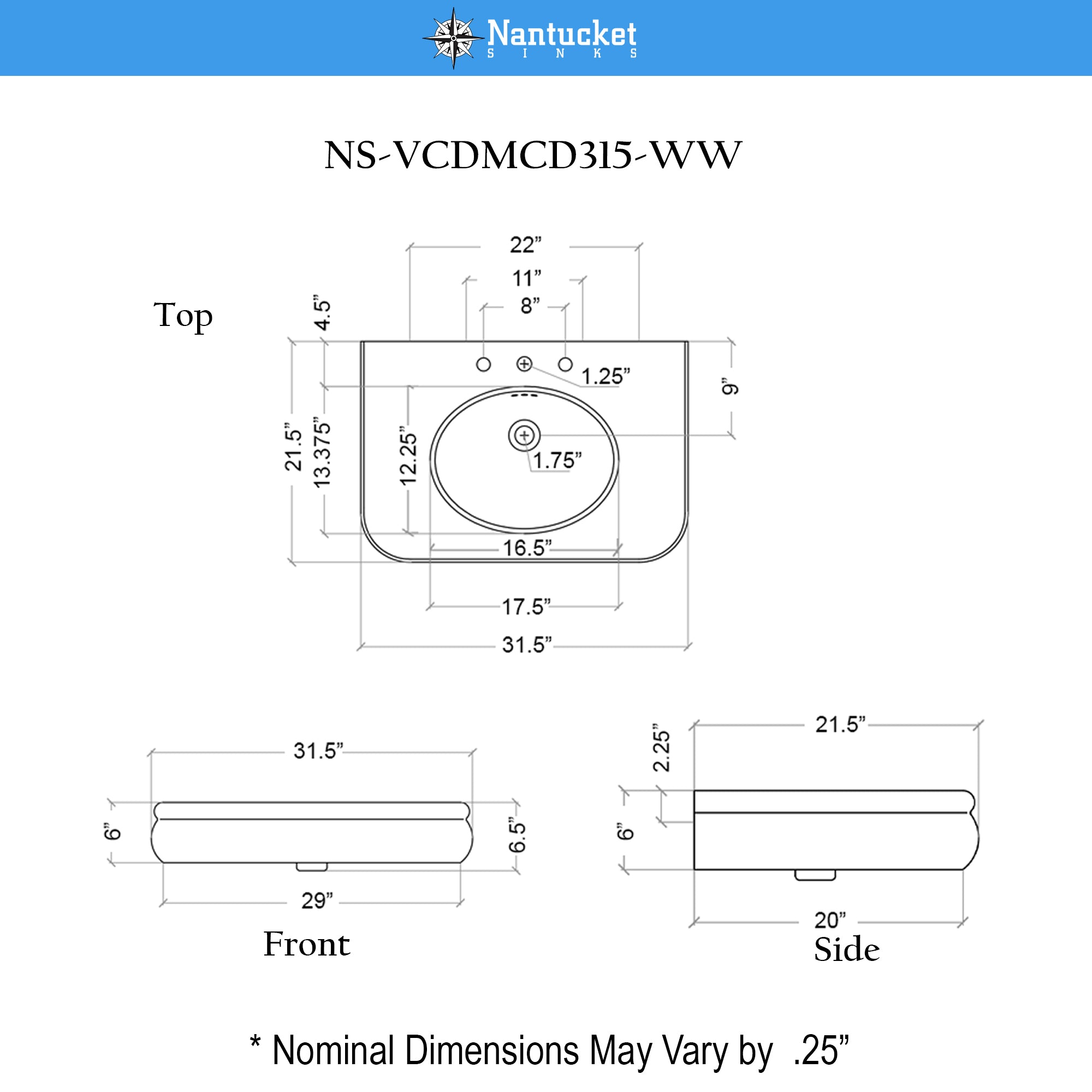 Nantucket NS-VCDMCD315-WW Victorian fireclay bathroom sink, view 9