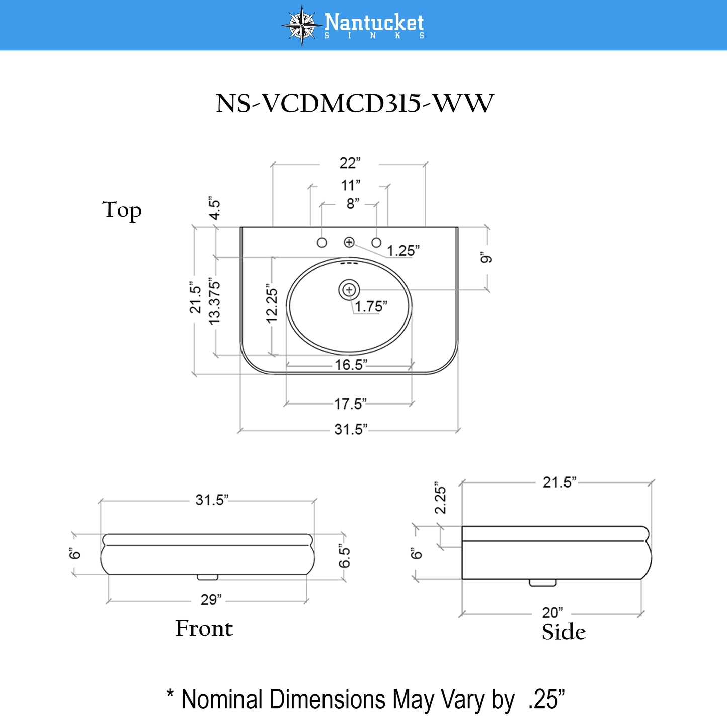 Nantucket NS-VCDMCD315-WW Victorian fireclay bathroom sink, view 9