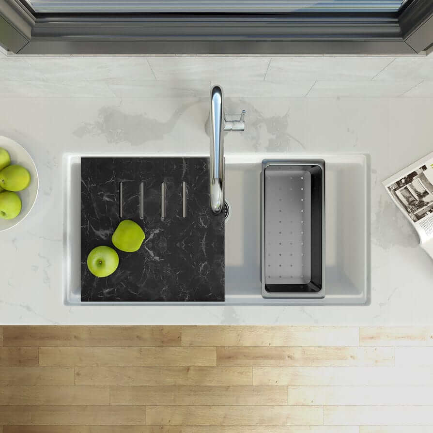 Nantucket 34" White Granite Composite Nano Workstation Undermount Kitchen Sink - PR3419-W-UM with cutting board and accessories on countertop.