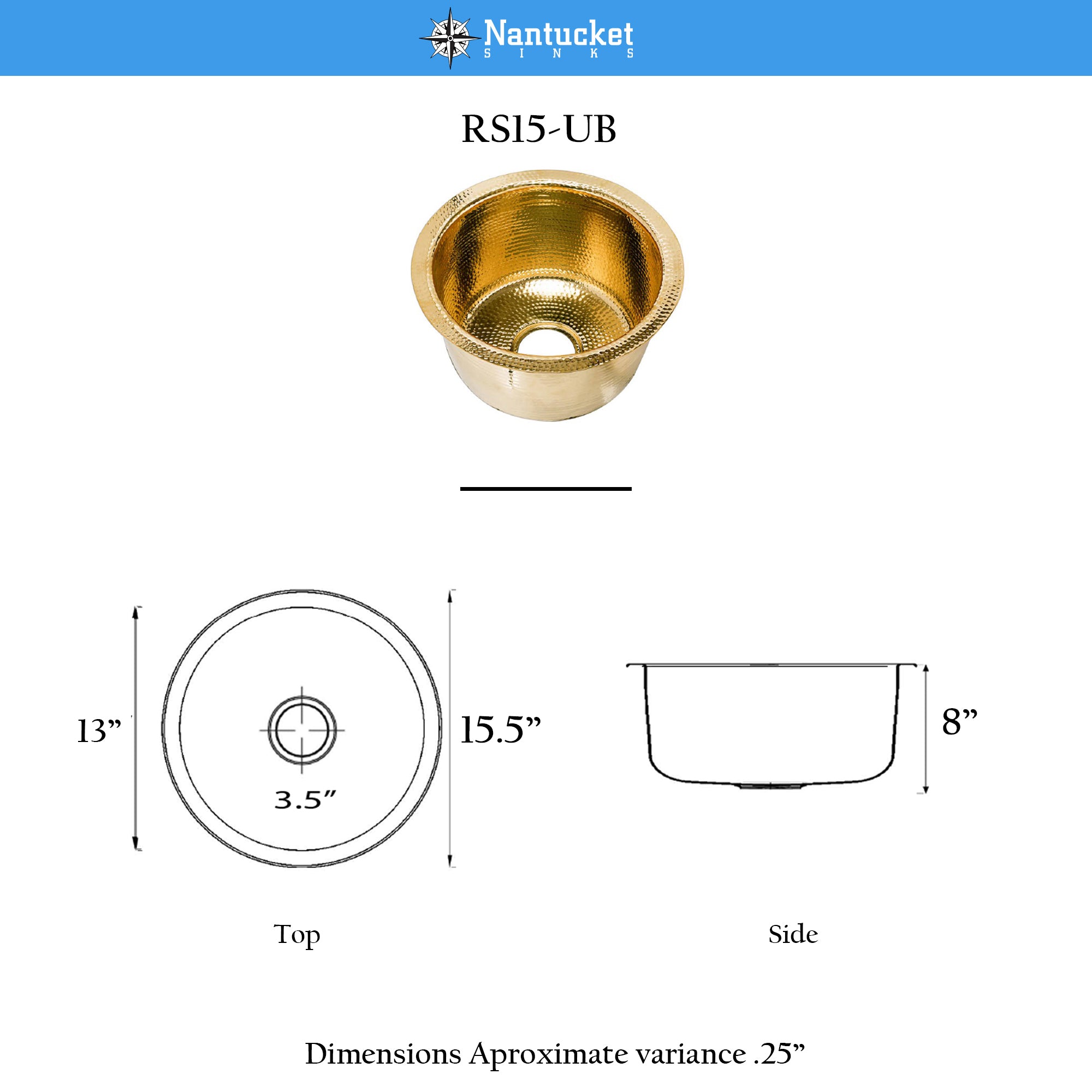 Nantucket RS15-UB round hammered brass bar sink, view 12