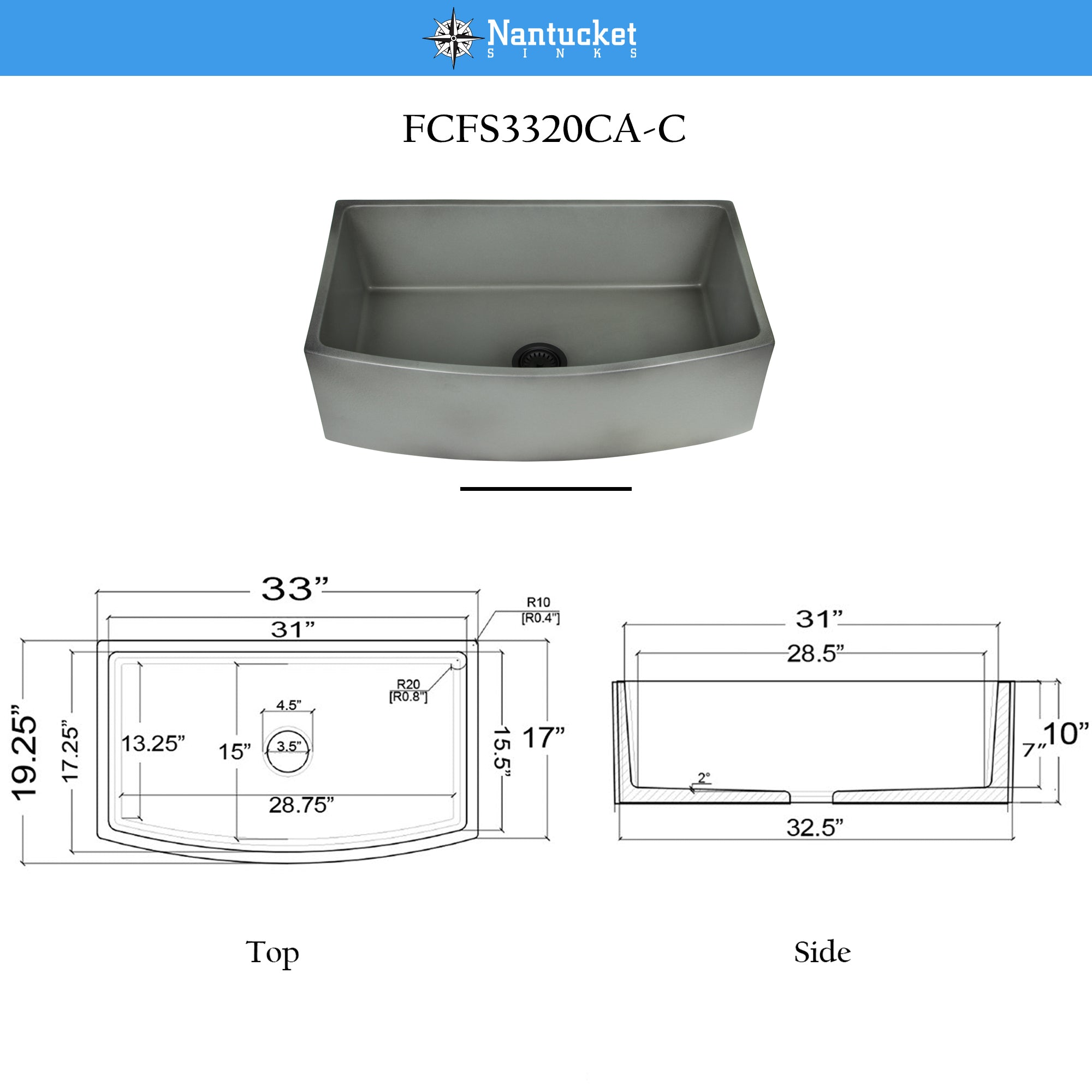 Nantucket FCFS3320CA-C concrete fireclay sink, view 7