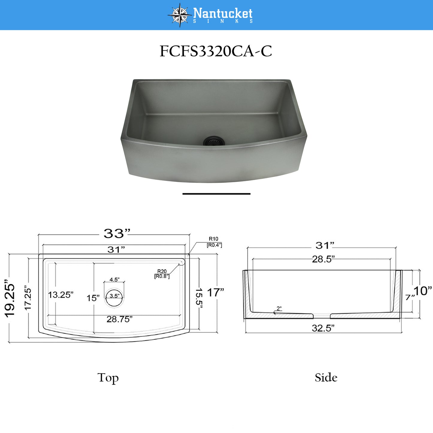 Nantucket FCFS3320CA-C concrete fireclay sink, view 7
