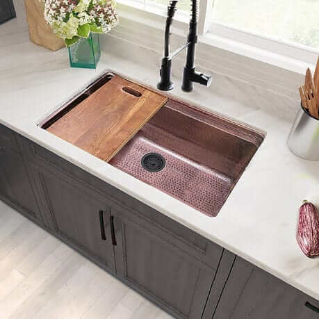Nantucket 32" Hammered Copper Prepstation Dualmount Kitchen Sink - KCH-PS-3220 with wooden cutting board in modern kitchen.