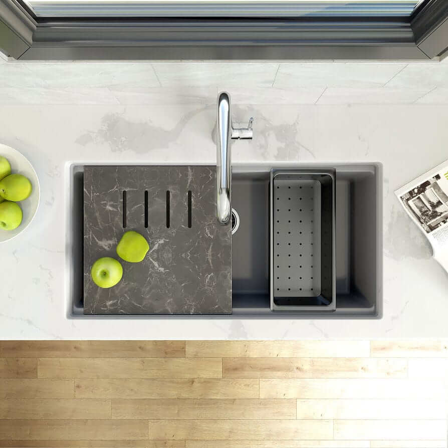 Nantucket 34" Large Single Bowl Prep Station Undermount Granite Composite - PR3419-TI-UM top view with cutting board and apples.