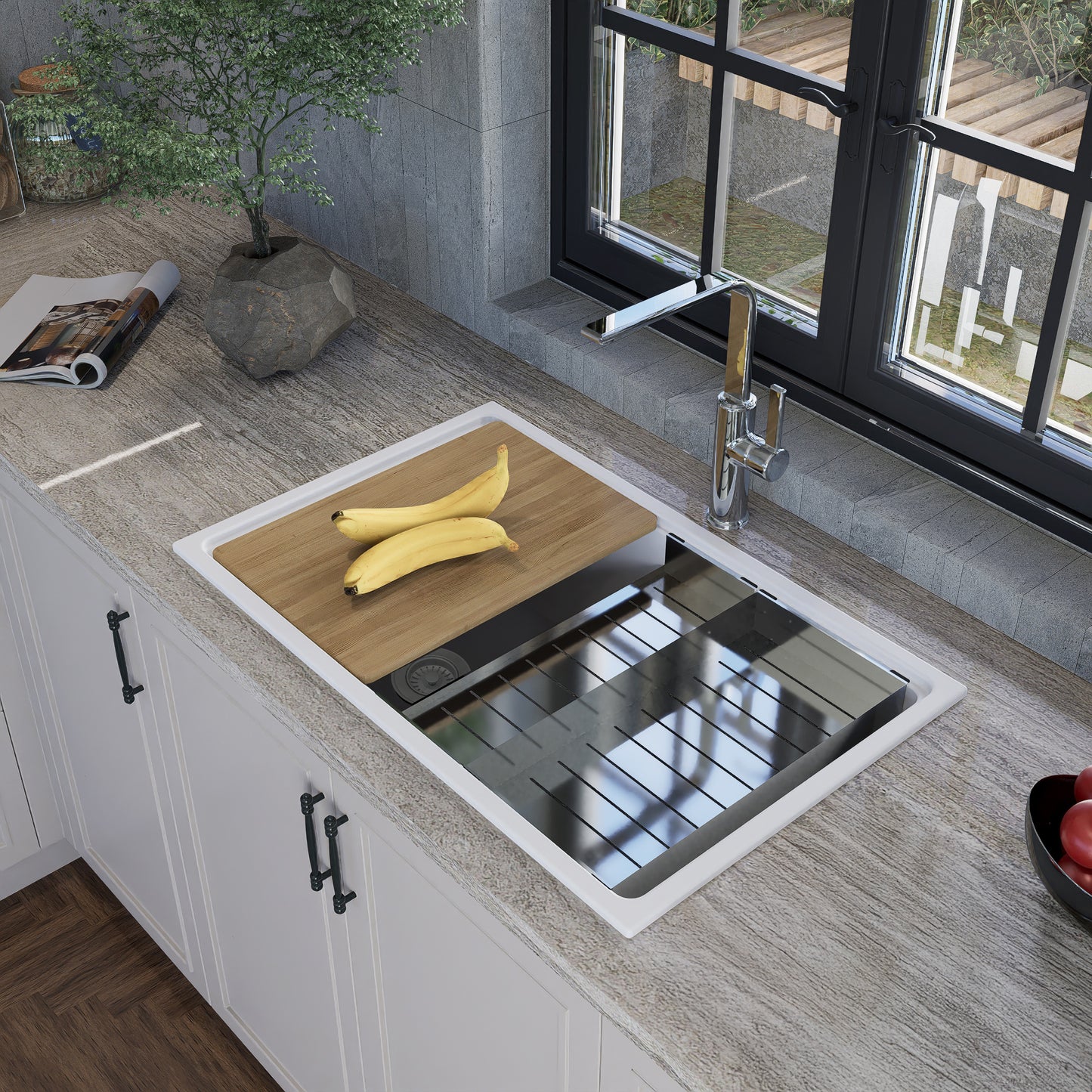 Nantucket PR3019PS-W white granite workstation sink, view 9