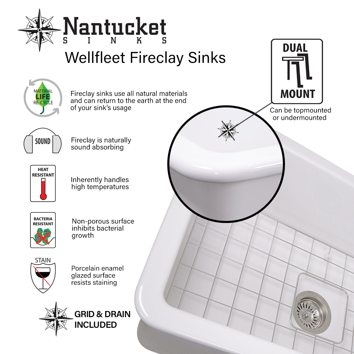 Nantucket FCFS3320CA-W fireclay sink, view 12