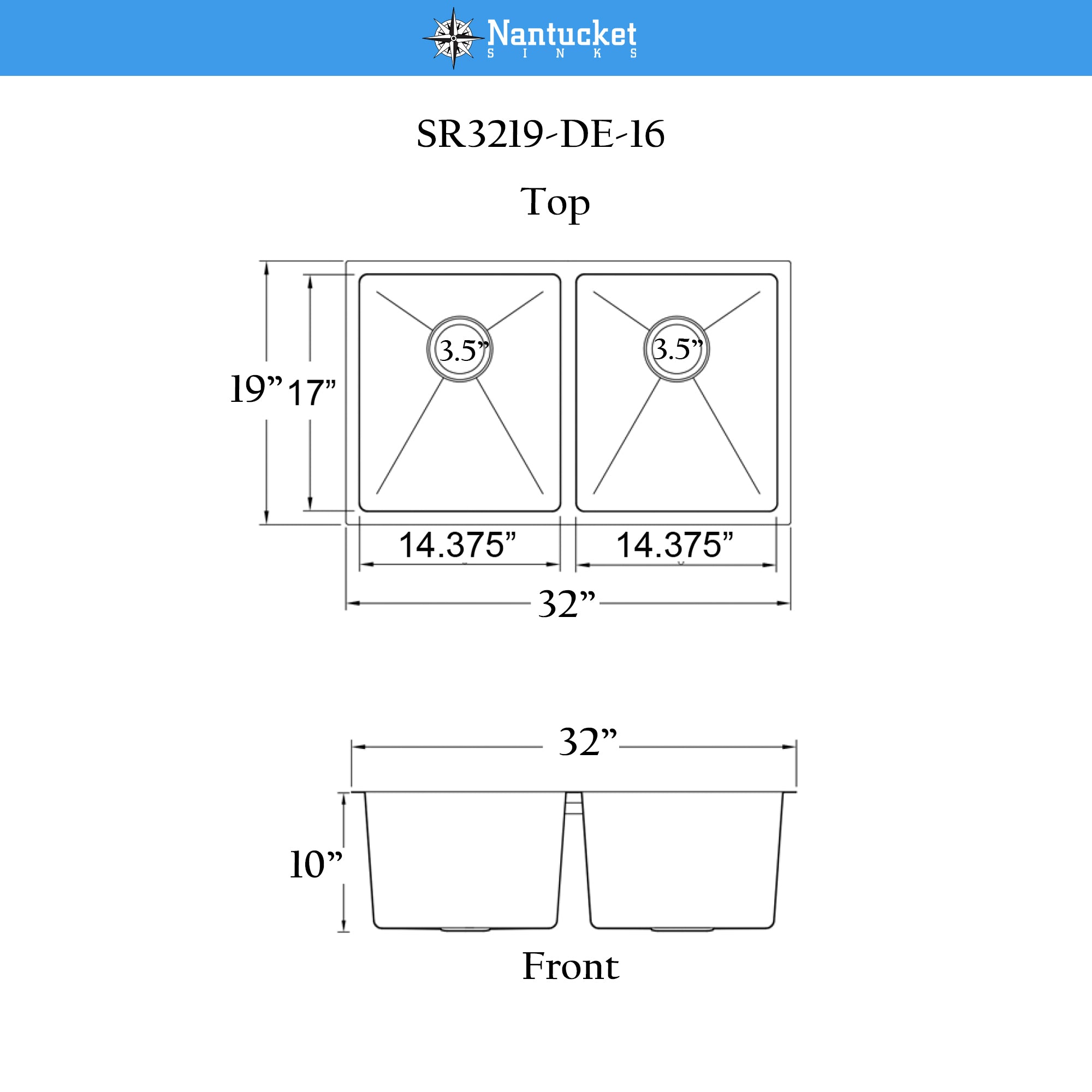 Nantucket SR3219-DE-16 double bowl stainless steel sink, view 13