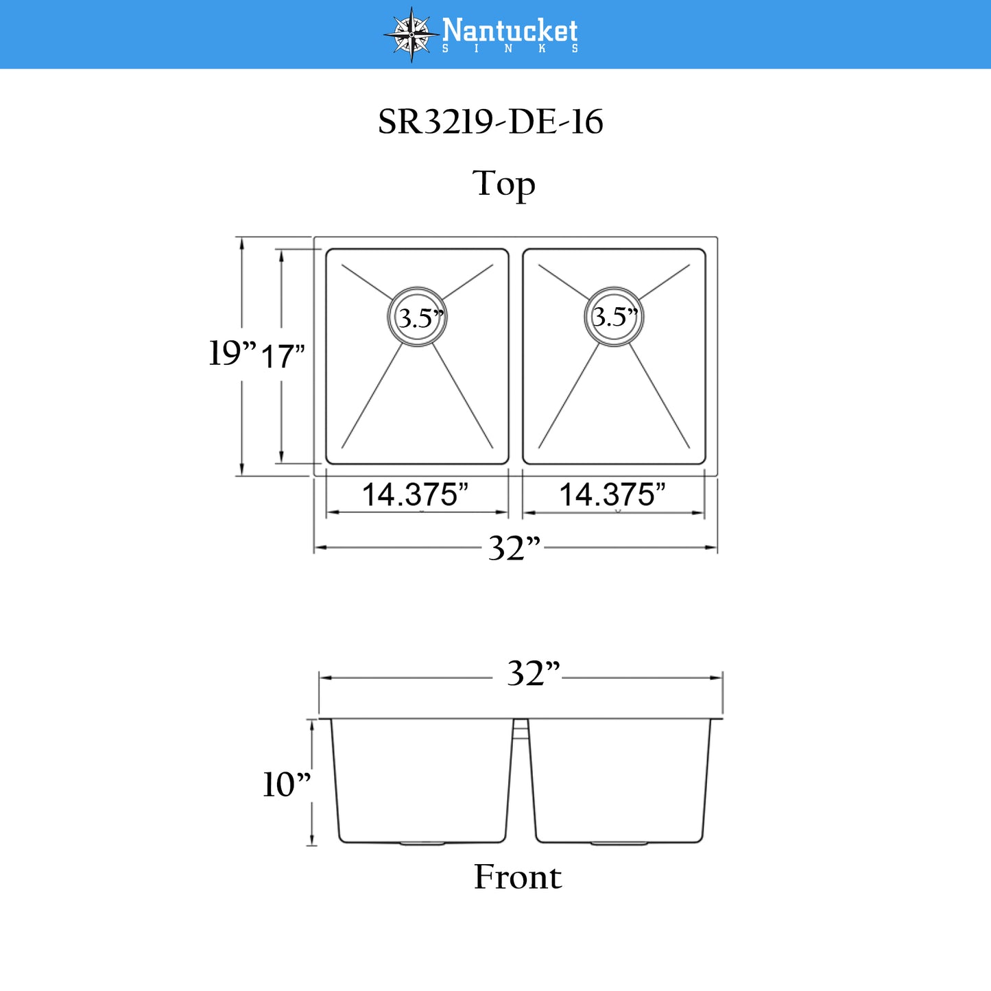 Nantucket SR3219-DE-16 double bowl stainless steel sink, view 13
