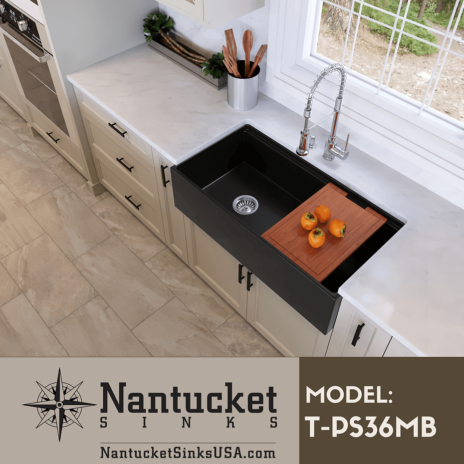 Lifestyle image of Nantucket T-PS36MB 36-inch matte black farmhouse sink with cutting board in use