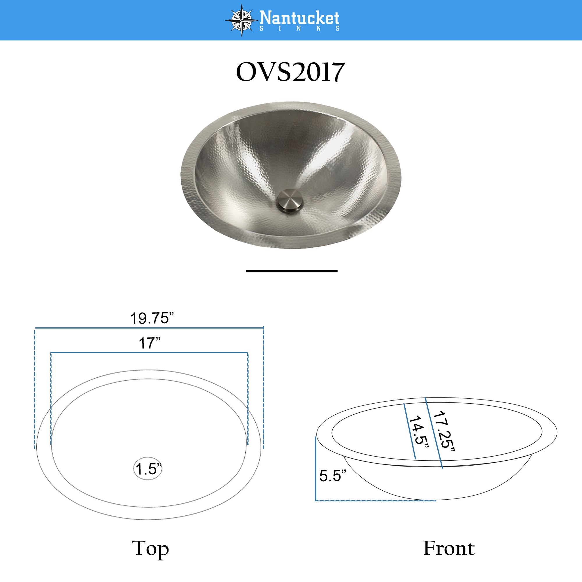 Nantucket OVS2017 hammered stainless oval bathroom sink, view 11