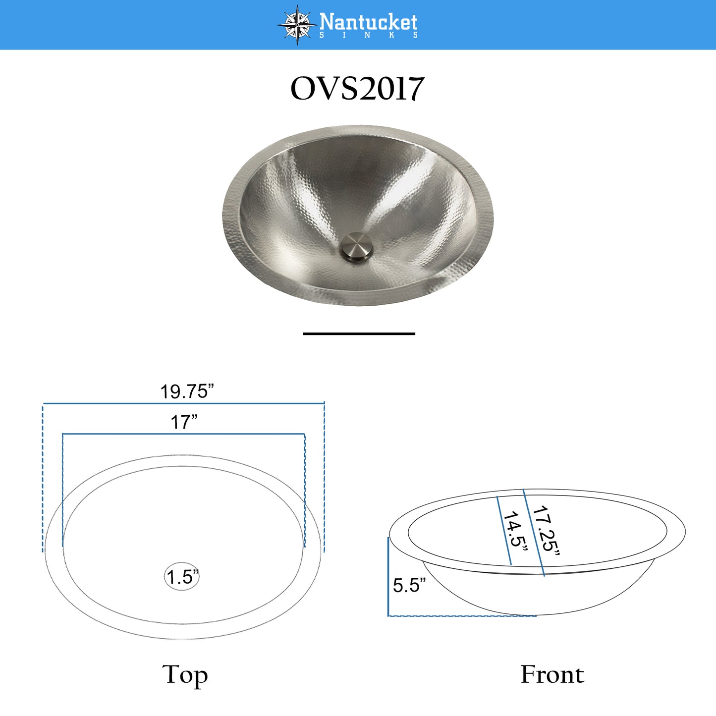 Nantucket OVS2017 hammered stainless oval bathroom sink, view 11