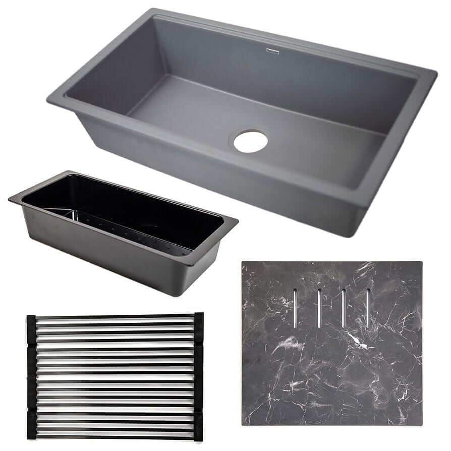 Nantucket 34" Large Single Bowl Prep Station Undermount Granite Composite - PR3419-TI-UM front view with workstation accessories