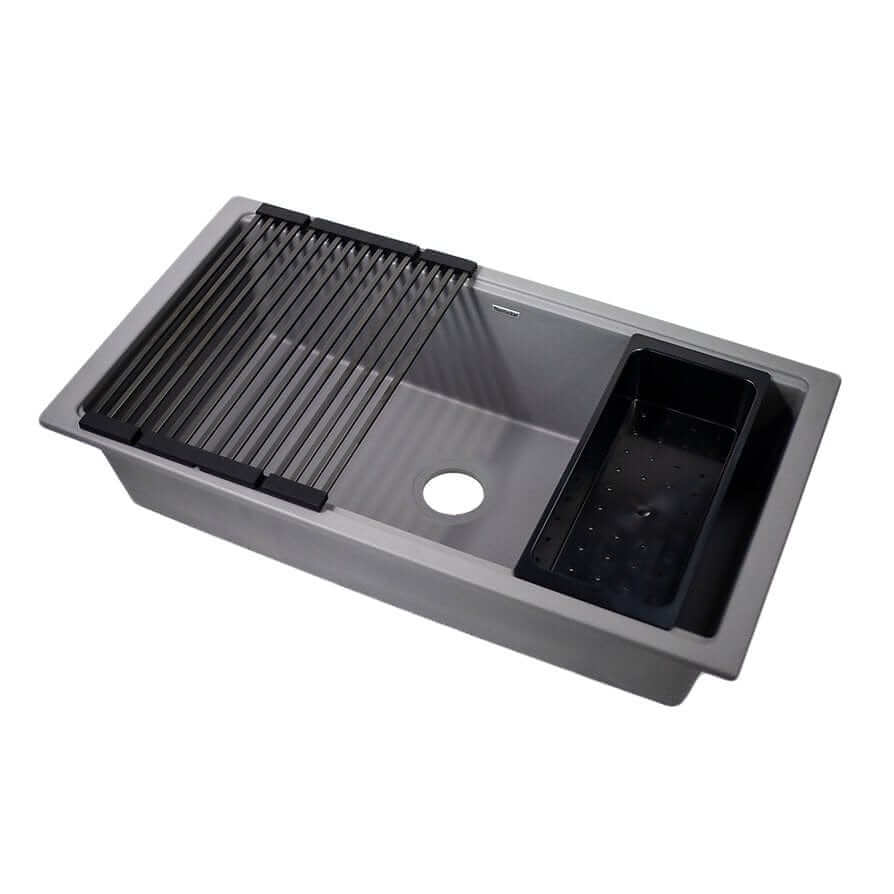 Nantucket 34" Large Single Bowl Prep Station Undermount Granite Composite - PR3419-TI-UM top view with workstation accessories