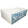 Front corner view of Nantucket 33 inch Farmhouse sink with decorative apron inspired by european tiles