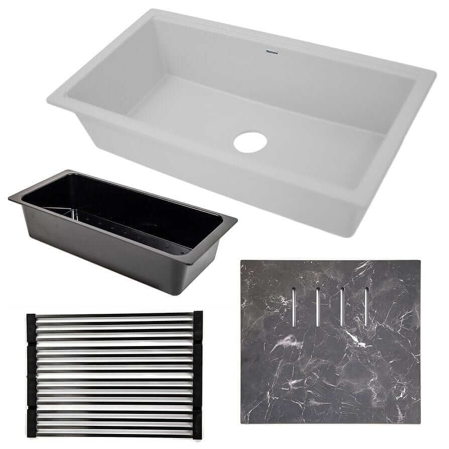 Nantucket 34" White Granite Composite Nano Workstation Undermount Kitchen Sink - PR3419-W-UM with accessories.