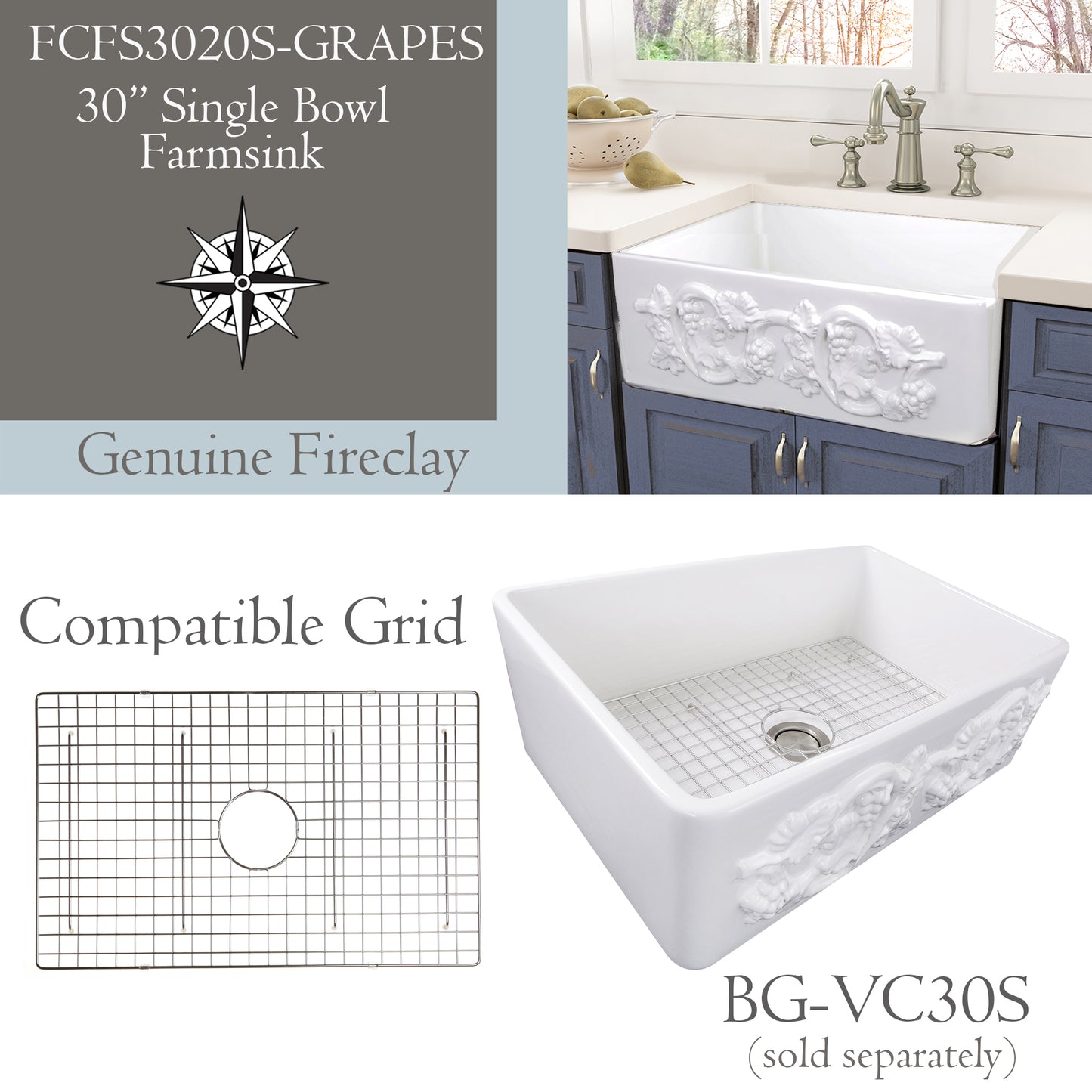 Nantucket FCFS3020S-Grapes fireclay sink, view 8