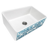 Nantucket white fireclay farmhouse sink with blue decorative pattern on a white background