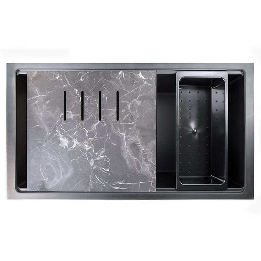 Nantucket 34" Large Single Bowl Prep Station Undermount Granite Composite Nano - PR3419-NBL-UM top view with accessories