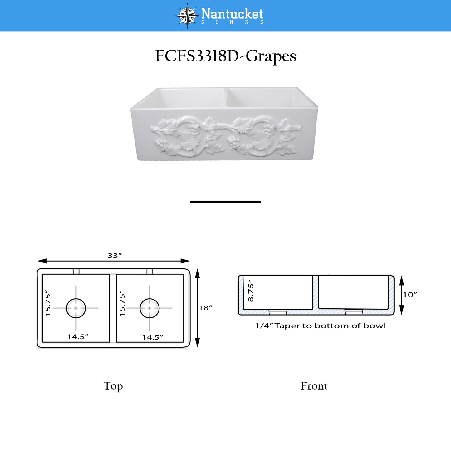 Nantucket FCFS3318D-Grapes fireclay sink, view 13