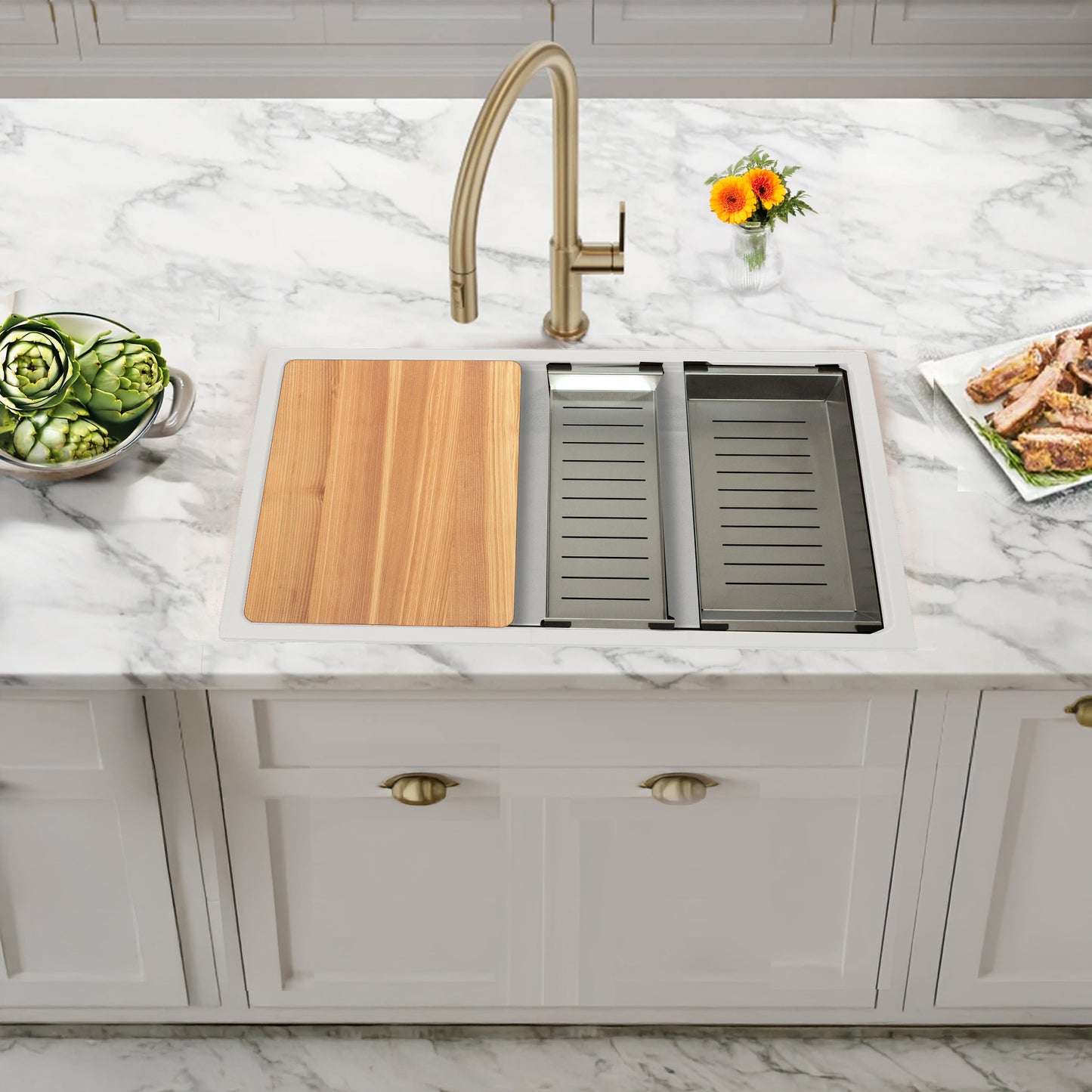 Nantucket PR3019PS-W white granite workstation sink, view 10