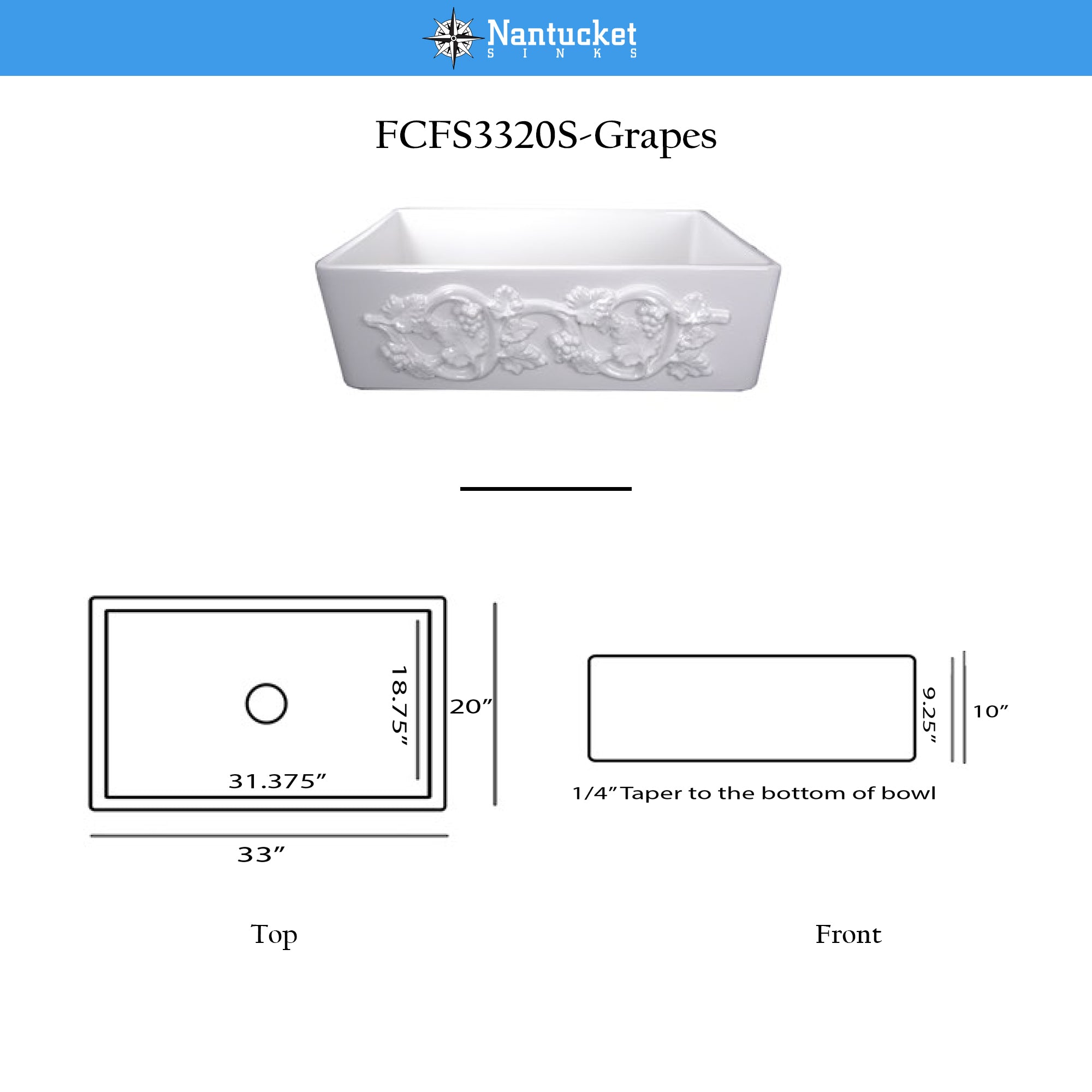 Nantucket FCFS3320S-Grapes fireclay sink, view 8