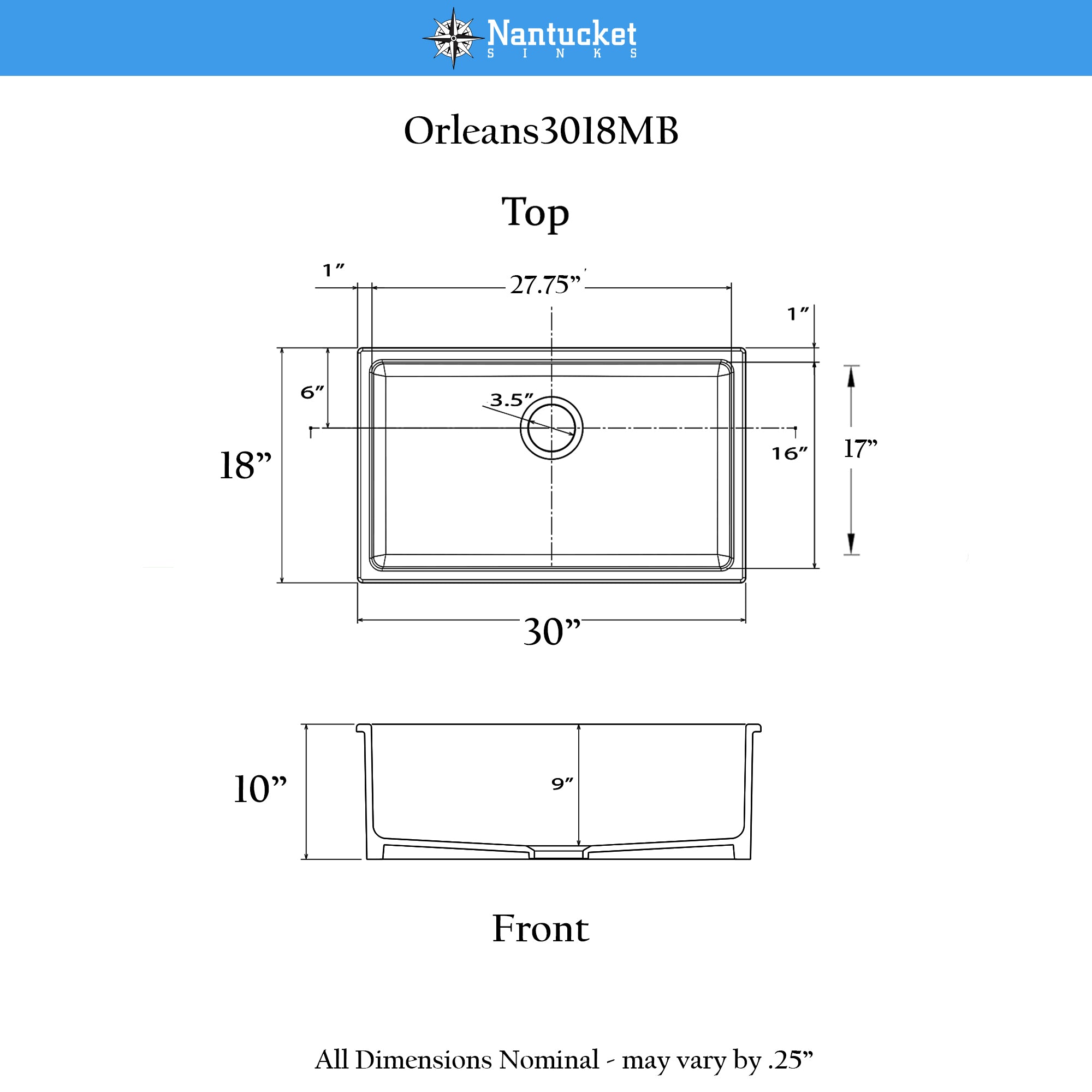 Nantucket Orleans3018-MB matte black fireclay sink, view 11