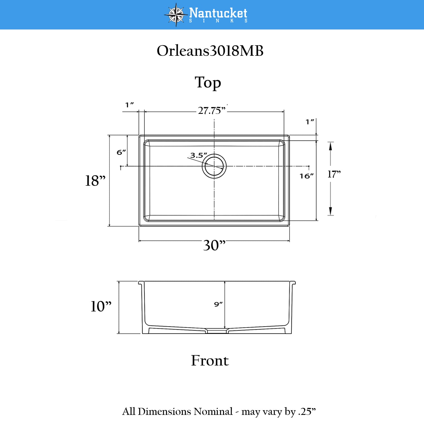 Nantucket Orleans3018-MB matte black fireclay sink, view 11