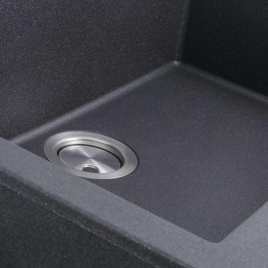 Close up of Black granite finish and drain for Nantucket 27" single bowl sink