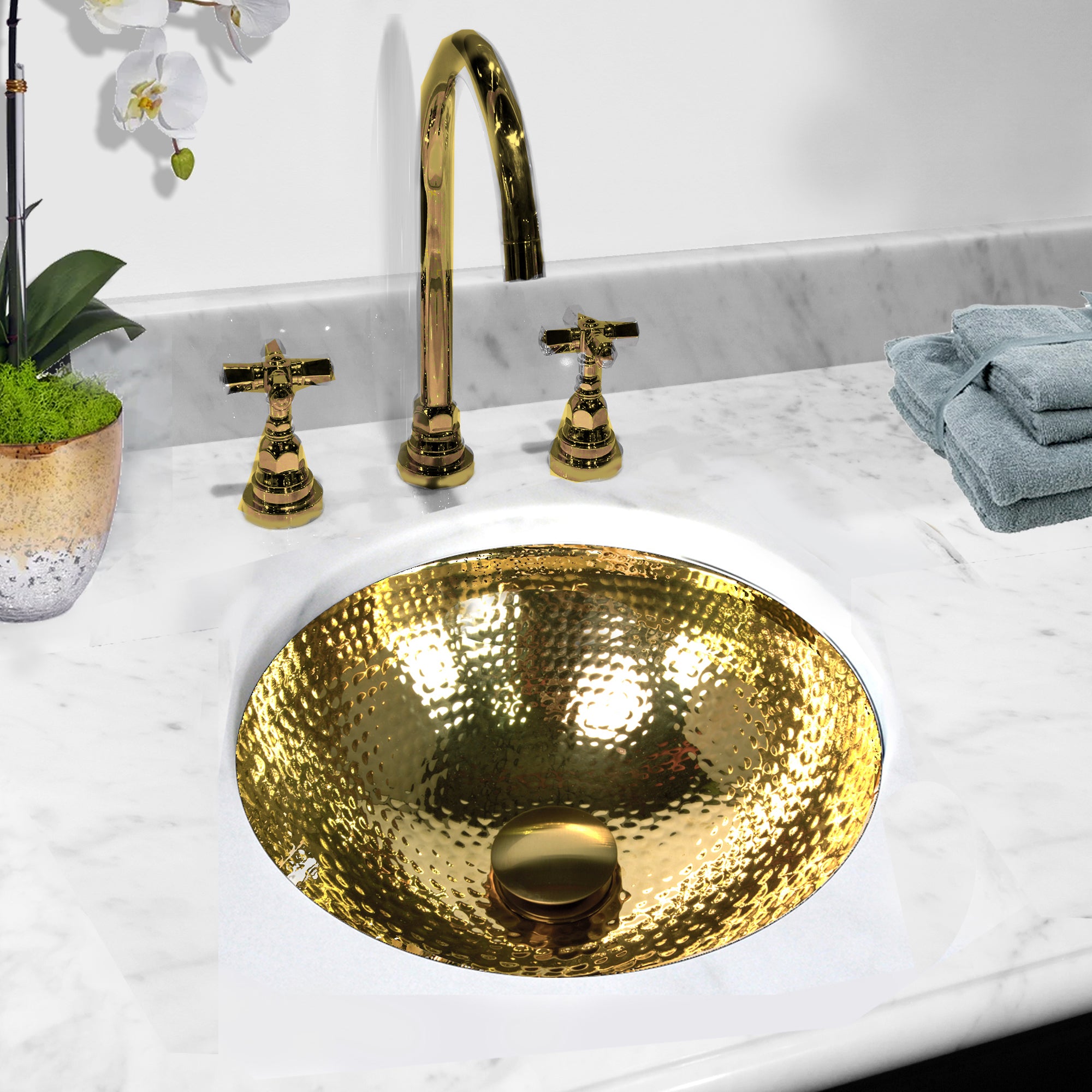 Nantucket 13-inch Hand Hammered Brass Round Undermount Bathroom Sink with Overflow ROB-OF, view 9