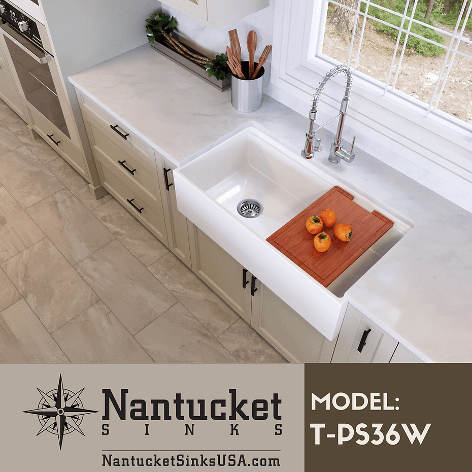 Nantucket Sinks 36" Workstation Fireclay Apron Sink with Accessories - T-PS36W displayed in a kitchen with cutting board.