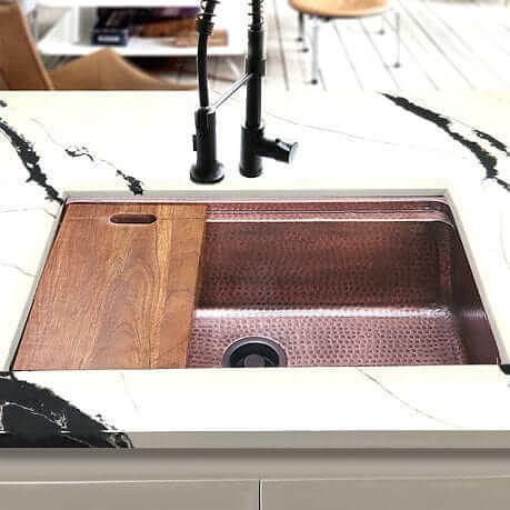 Nantucket 32" Hammered Copper Prepstation Dualmount Kitchen Sink - KCH-PS-3220 with acacia wood cutting board
