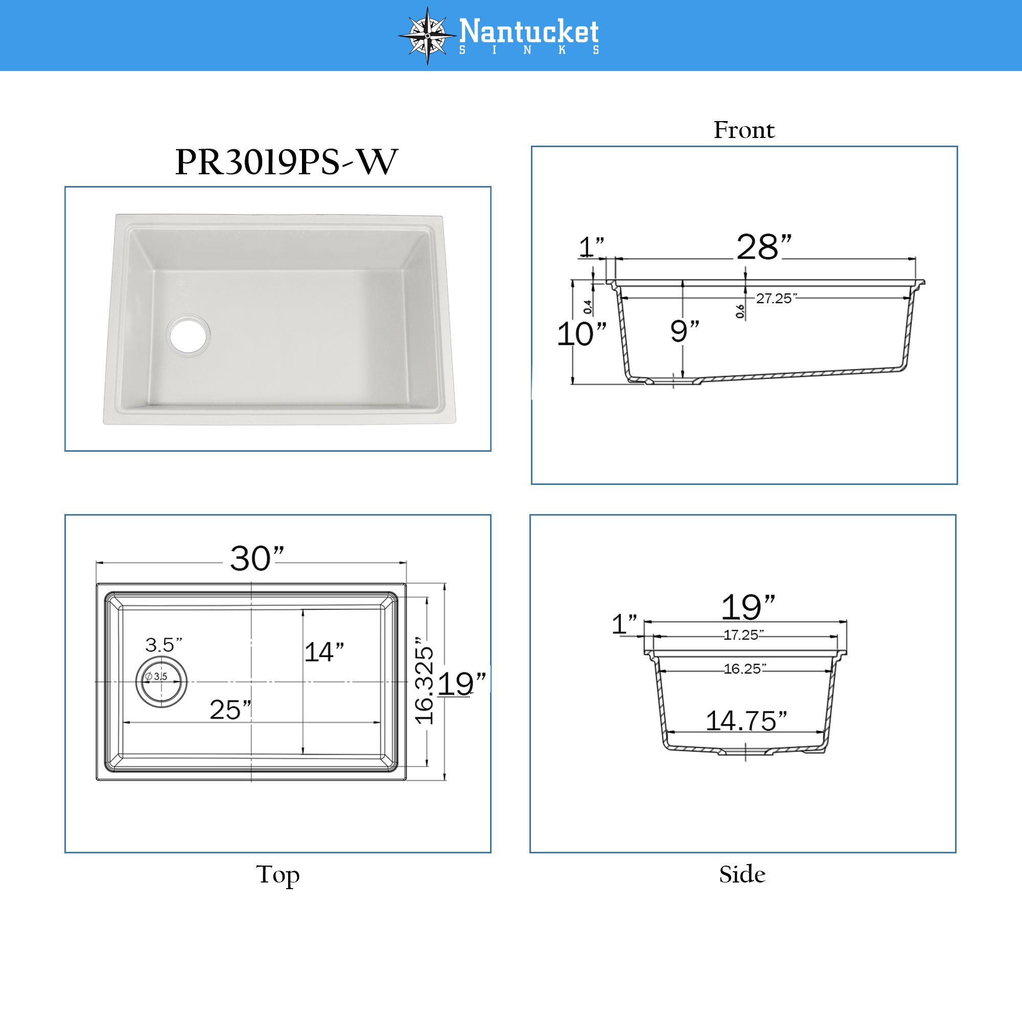 Nantucket PR3019PS-W white granite workstation sink, view 13