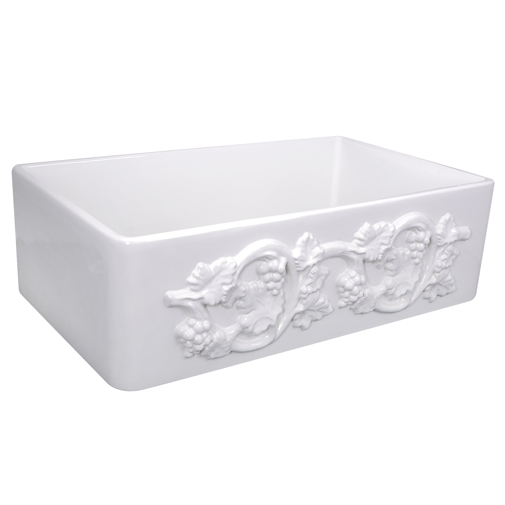 Nantucket Vineyard Collection fireclay farmhouse sink with grape vine apron