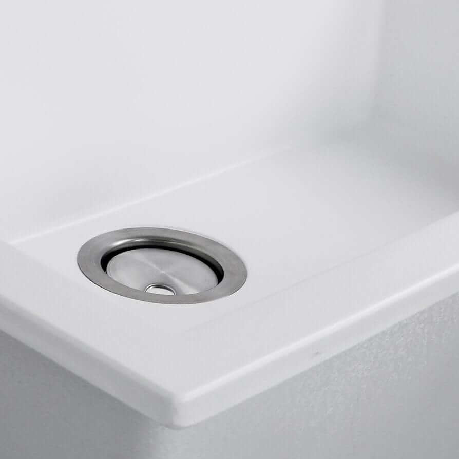 Close up of White granite finish and drain for Nantucket 27" single bowl sink