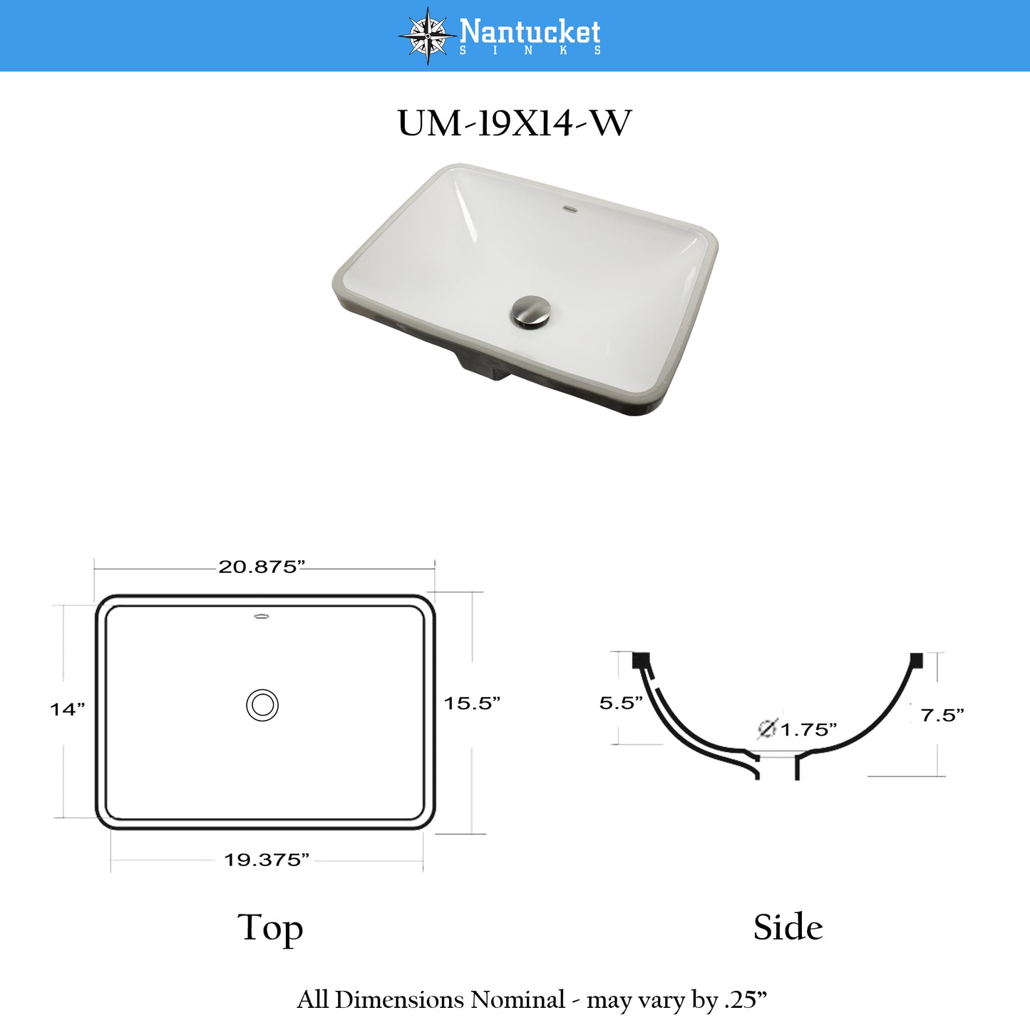 Nantucket UM-19X14-W undermount ceramic bathroom sink, view 7