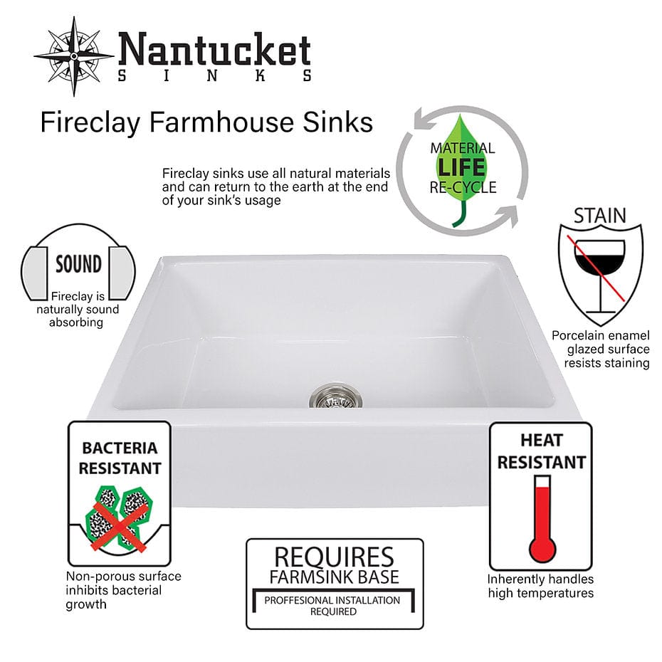 Nantucket 30" Workstation Fireclay Apron Sink Side Drain - T-PS30W