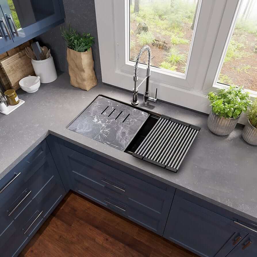 Nantucket 34" Large Single Bowl Prep Station Undermount Granite Composite Nano - PR3419-NBL-UM front view in modern kitchen.