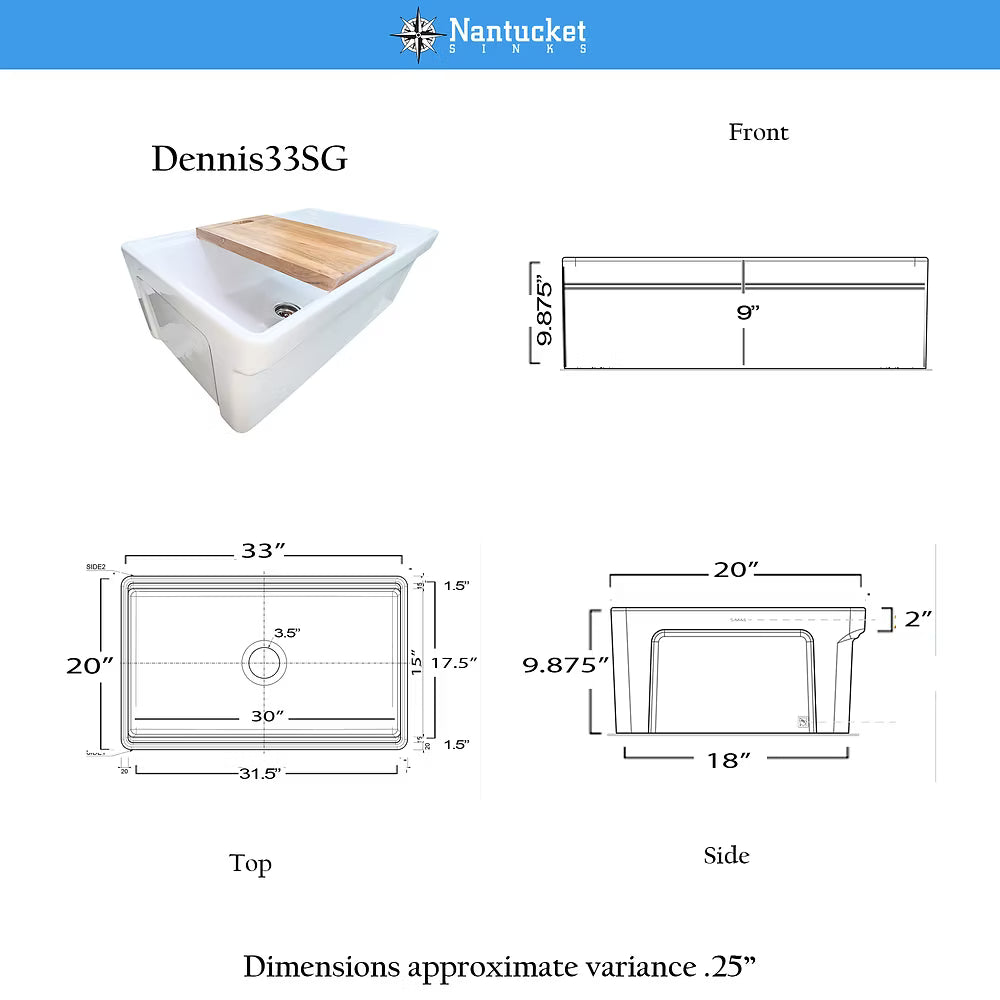 Nantucket 30" Single Bowl Workstation Fireclay Sink with Cuttingboard - Dennis30SG
