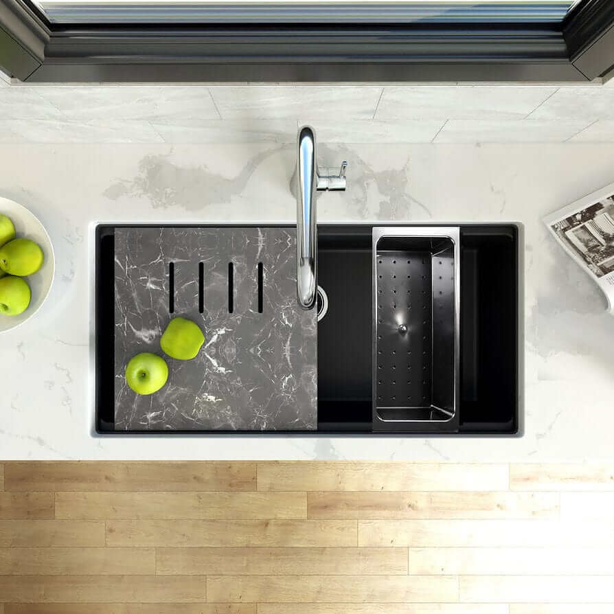 Nantucket 34" Large Single Bowl Prep Station Undermount Granite Composite Nano - PR3419-NBL-UM top view with cutting board and colander.