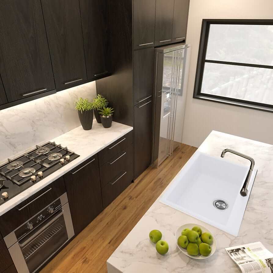 Lifestyle image of white Nantucket 27" Single Bowl Dualmount Granite Composite Kitchen Sink