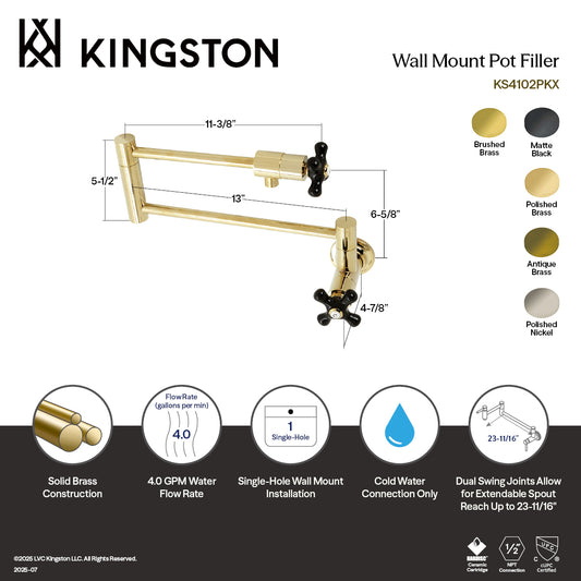 Kingston Brass KS4102PKX Duchess Wall Mount Pot Filler Faucet, Polished Brass with black porcelain handles