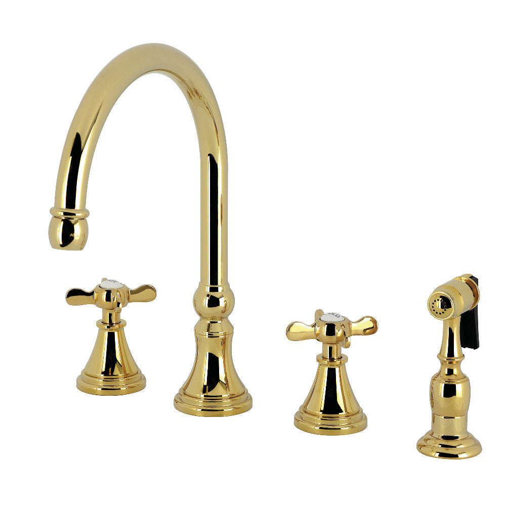 Kingston Brass KS2798BEXBS Essex Double-Handle Widespread Kitchen Faucet with Brass Sprayer, Brushed Nickel in polished brass finish