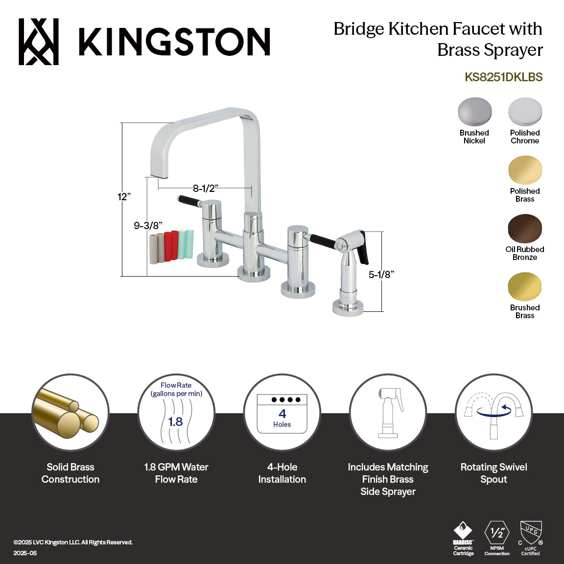 Kingston KS8257DKLBS Kaiser Bridge Kitchen Faucet with Brass Sprayer, Brushed Brass design and specifications image.