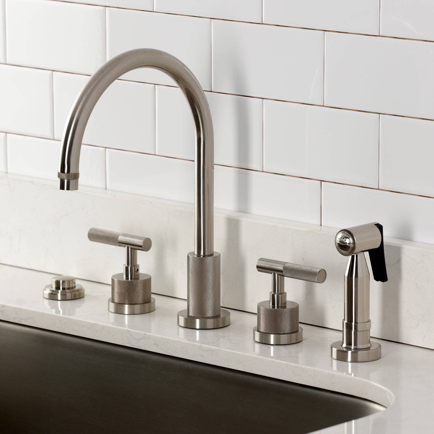 Kingston Brass KS8723KNLBS Convergent Double-Handle Widespread Kitchen Faucet with Knurled Handle and Brass Sprayer, Antique Brass