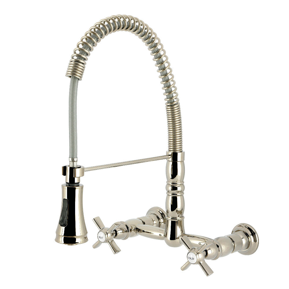 Kingston Brass GS1243ZX Millennium Double-Handle Wall-Mount Pre-Rinse Bridge Kitchen Faucet, Antique Brass in polished nickel finish.